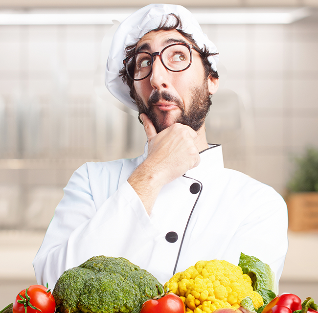 Vegor, the vegan eating mascot — a thoughtful chef